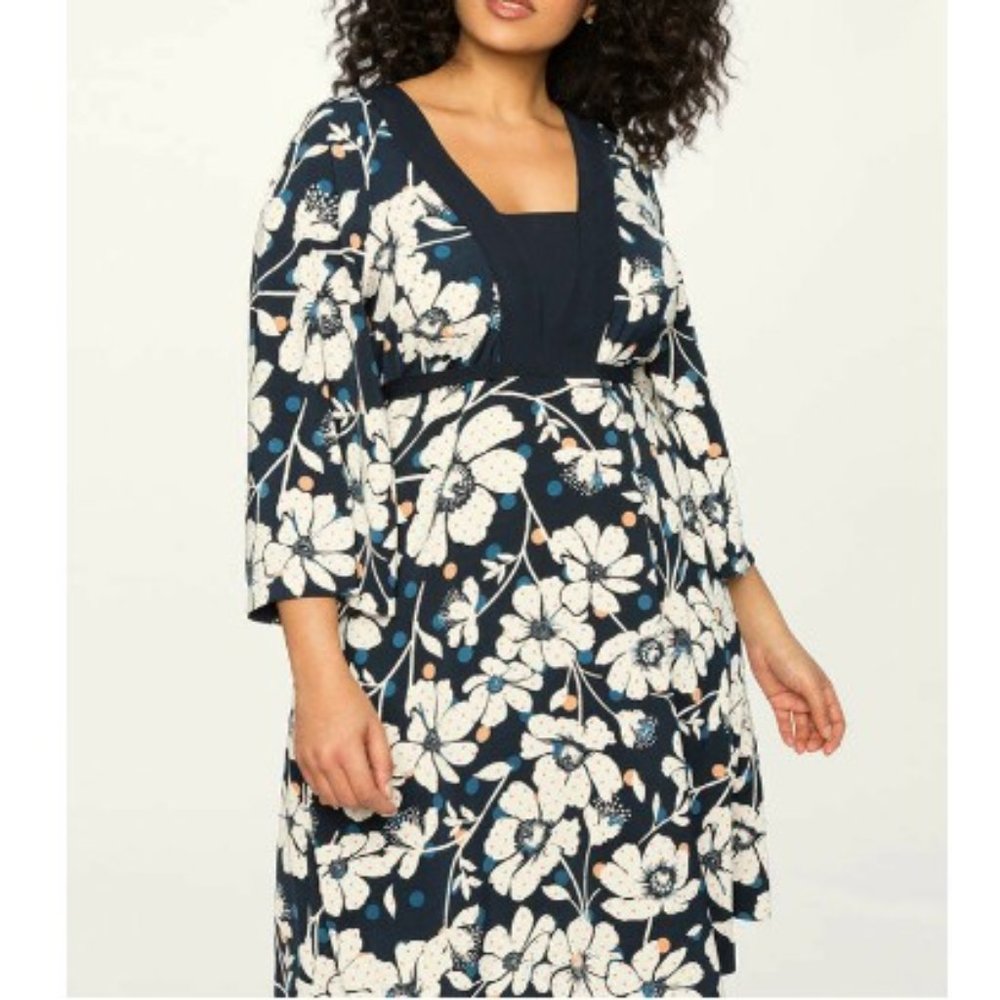 NWT Eloquii Navy Floral Tie-Back Waist Dress - Picture 2 of 12